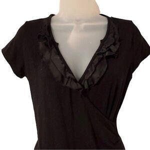 White House Black Market Black V-neck Ruffle Side Swept Short-sleeve Top Size XS